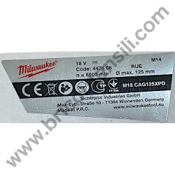 Milwaukee M18CAG125XPD-0 Targhetta Dati